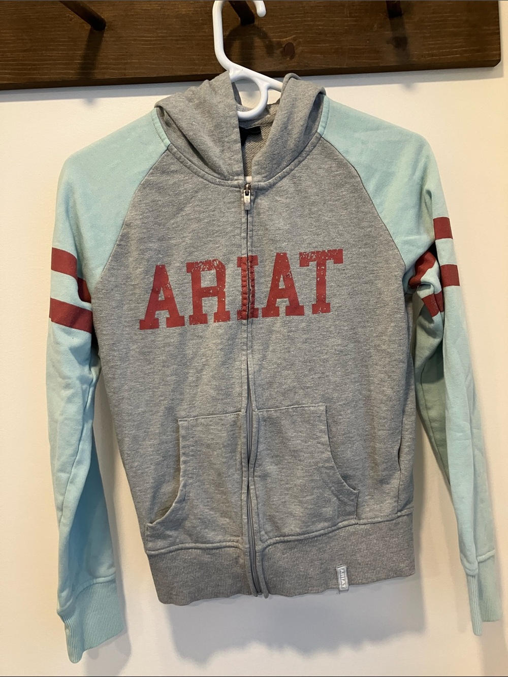 Ariat Gray & Light Blue Kids Zip Hoodie with Red Logo